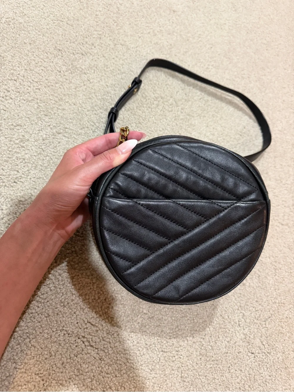 Tory Burch Black Quilted Leather Round Crossbody with Gold Logo